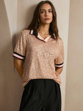Anewsta Women's Oversized Sequin Embellished POLO Collar Short Sleeve T-Shirt